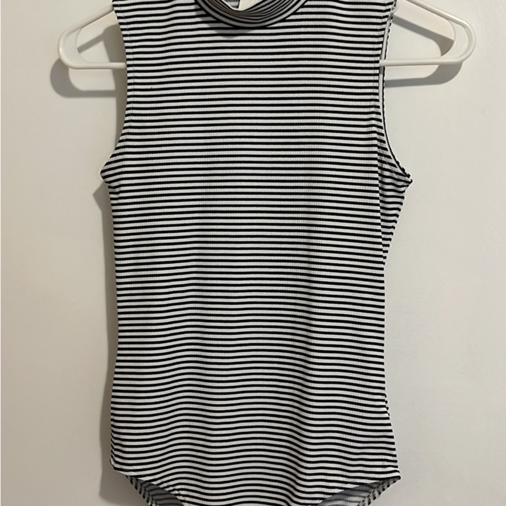 H&M Black and White Ribbed Bodysuit with Mandarin Collar